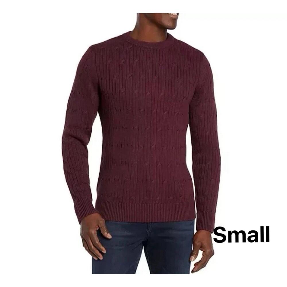Express‎ Men's Braided Cable Knit Sweater Long Sleeves Crew Neck Wine Burgundy S